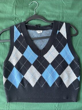Garage Women's Black, Blue & Gray Argyle V-Neck Sweater Vest